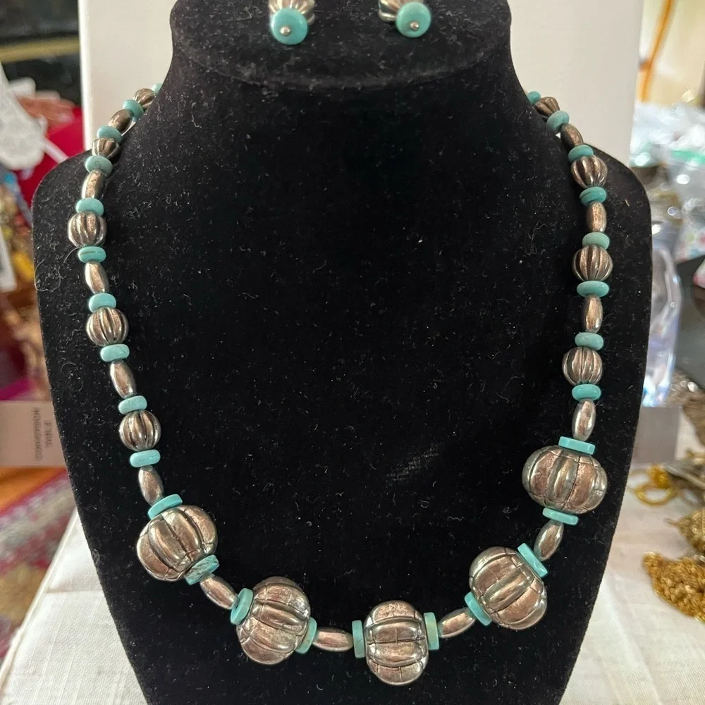 Silver and Turquoise Beaded Necklace and Earring Set vintage